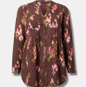 Emma Babydoll Tunic Floral Brown Button-Up Blouse Torrid Size 1